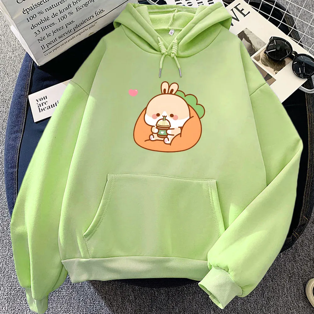 Rabbit Drinking Milk Tea Printed Hoodies Sudaderas Women/Men Clothes Moletom Winter Cartoon Graphic Print Sweatshirt with Pocket