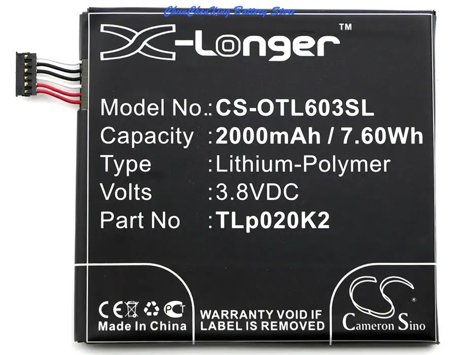 Cameron Sino 2000Mah Batteria Tlp020K2 Per Alcatel One Touch Idol 3 4.7, Ot-6039, 6039 H, 6039J, 6039 K, 6039 S, 6039Y