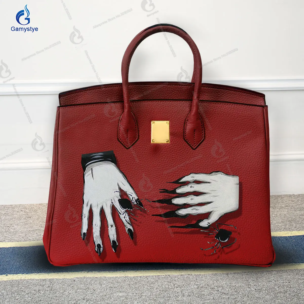 

Over size 40CM Women Handbags Print Skull Hands Lady Cow Leather Luxury Messenger Tote Sac Gold Lock High Quality
