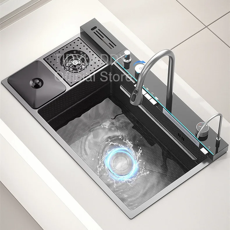 Multifunctional Kitchen Sink Steel Large Single Slot with Trash Can Waterfall Kitchen Sink Faucet Dishwashing Basin