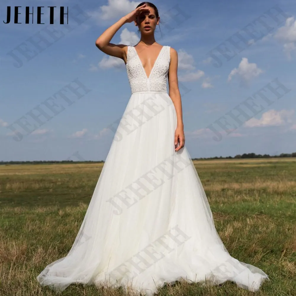 

JEHETH Lace Sleeveless V-Neck Wedding Dresses Lace Tulle A-Line Bride Gowns Backless Buttons 2024 vestidos de novia Custom Made