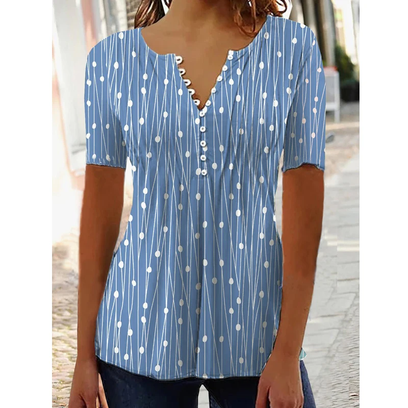 

V Neck Short Sleeve Shirts Summer Polka Dot Print Blouse Fashion Women 2023 Casual Waist Slim Ladies Tops Elegant Clothes 25971