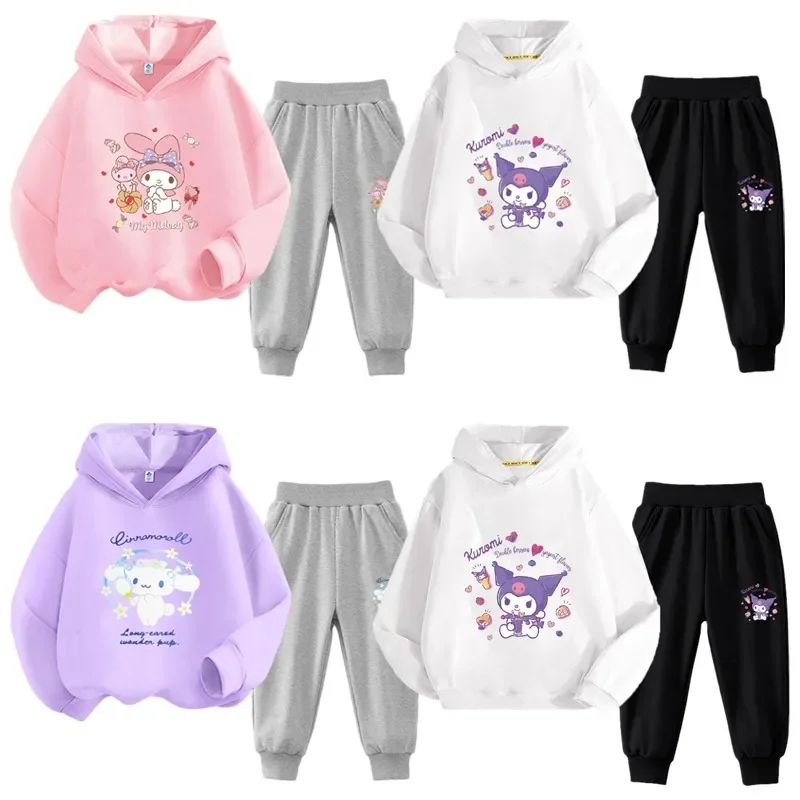 

Sanrioed Cartoon My Melody Cinnamoroll Kuromi Children's Casual Hoodie Top Pants Set Kawaii Loose Pullover Sportswear Kids Gift
