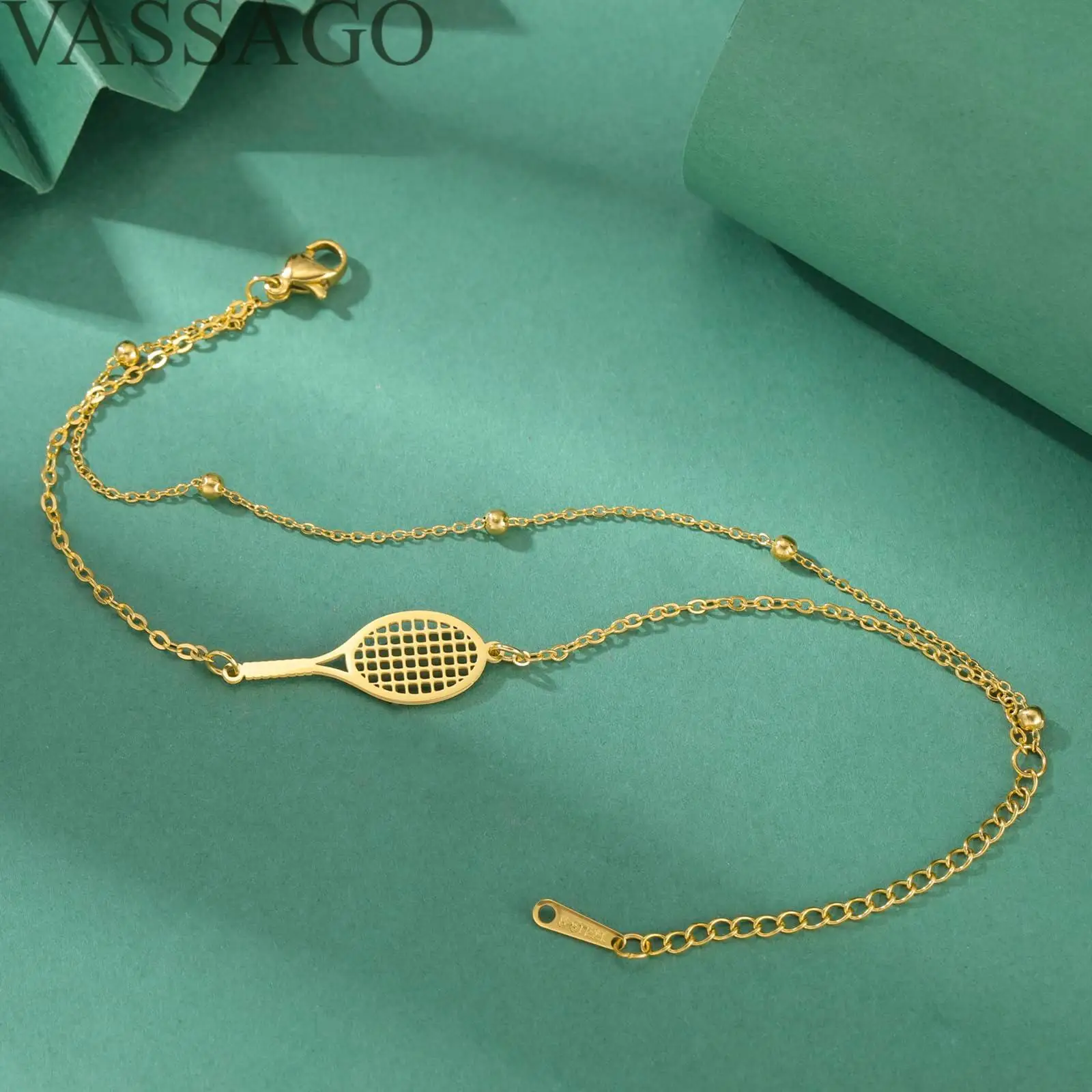 VASSAGO Tennis Racket Bracelet Dainty Adjustable Tennis Racket Charm Layering Sport Bangle Bracelet Lover Jewelry Tennis Gifts 4