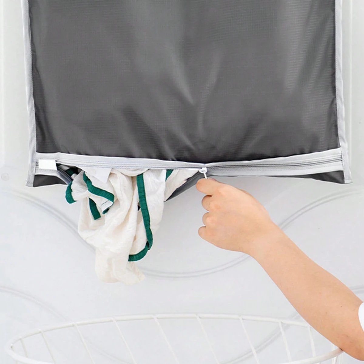 1pc wall mounted laundry storage bag, easy to access circular opening, bathroom wall mounted household clothing storage box 4