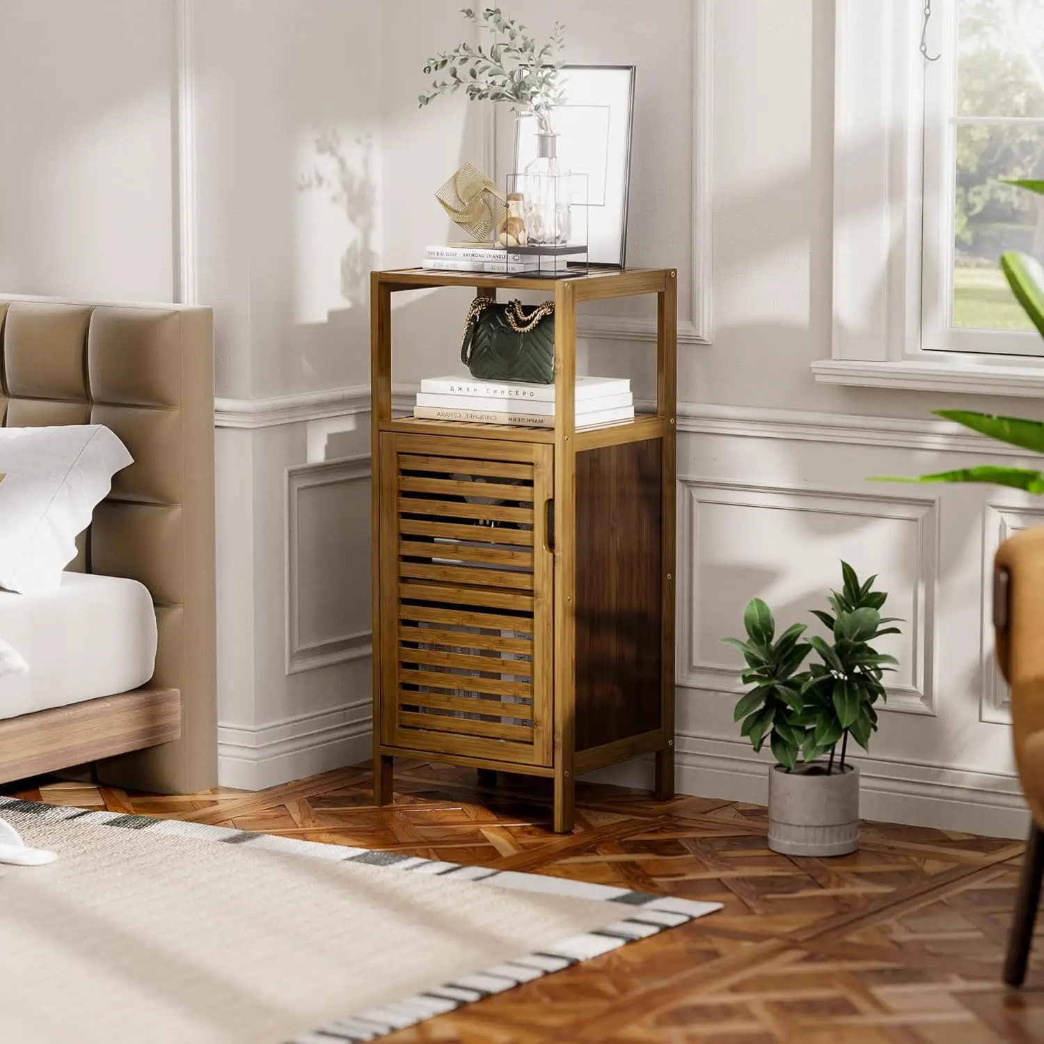 Bathroom Cabinet, Bamboo Floor Cabinet Free Standing, 4 Tier Sofa Side Storage Cupboard for Living Room Kitchen Bedroom, Walnut