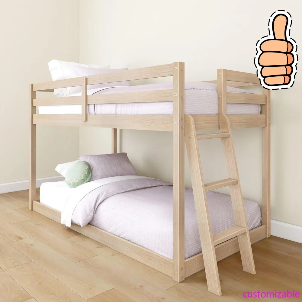 NEW-Grain & Grove Bear Twin Over Twin Bunk Bed, Low Bunk Bed Frame for Kids, Bunk with Ladder, Guardrail and Slats, No Box Sprin
