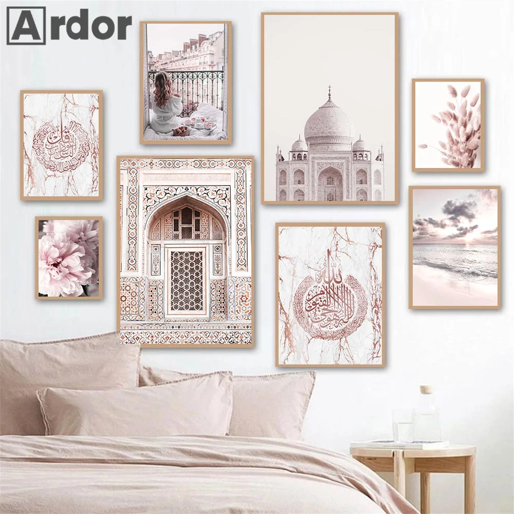 

Настенный постер с розовыми цветами на пляже, рисунок на холсте в исламском стиле Марокко, скандинавские украшения гостиной