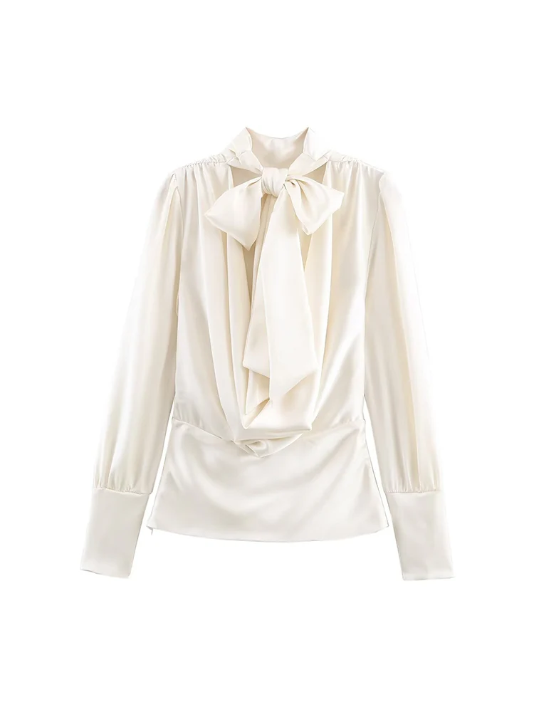Autumn New Women's Solid Color Blouse Sexy Open Back Bow Collar Satin Shirt Casual Comfortable Long Sleeved Elegant Ladies Top