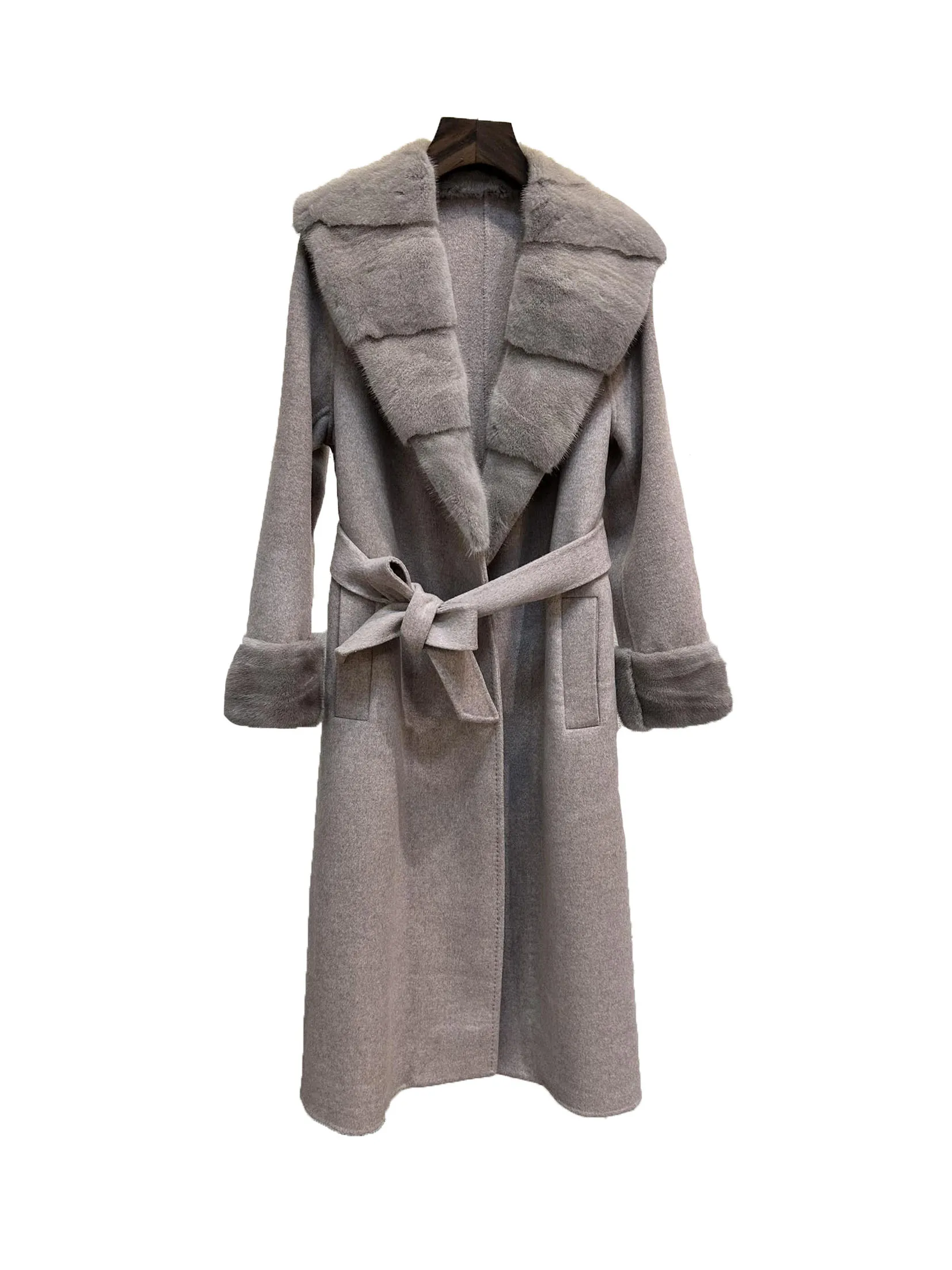 

Tweed jacket lapel long with belt loose fit double pocket design warm and cozy 2023 winter new 1208