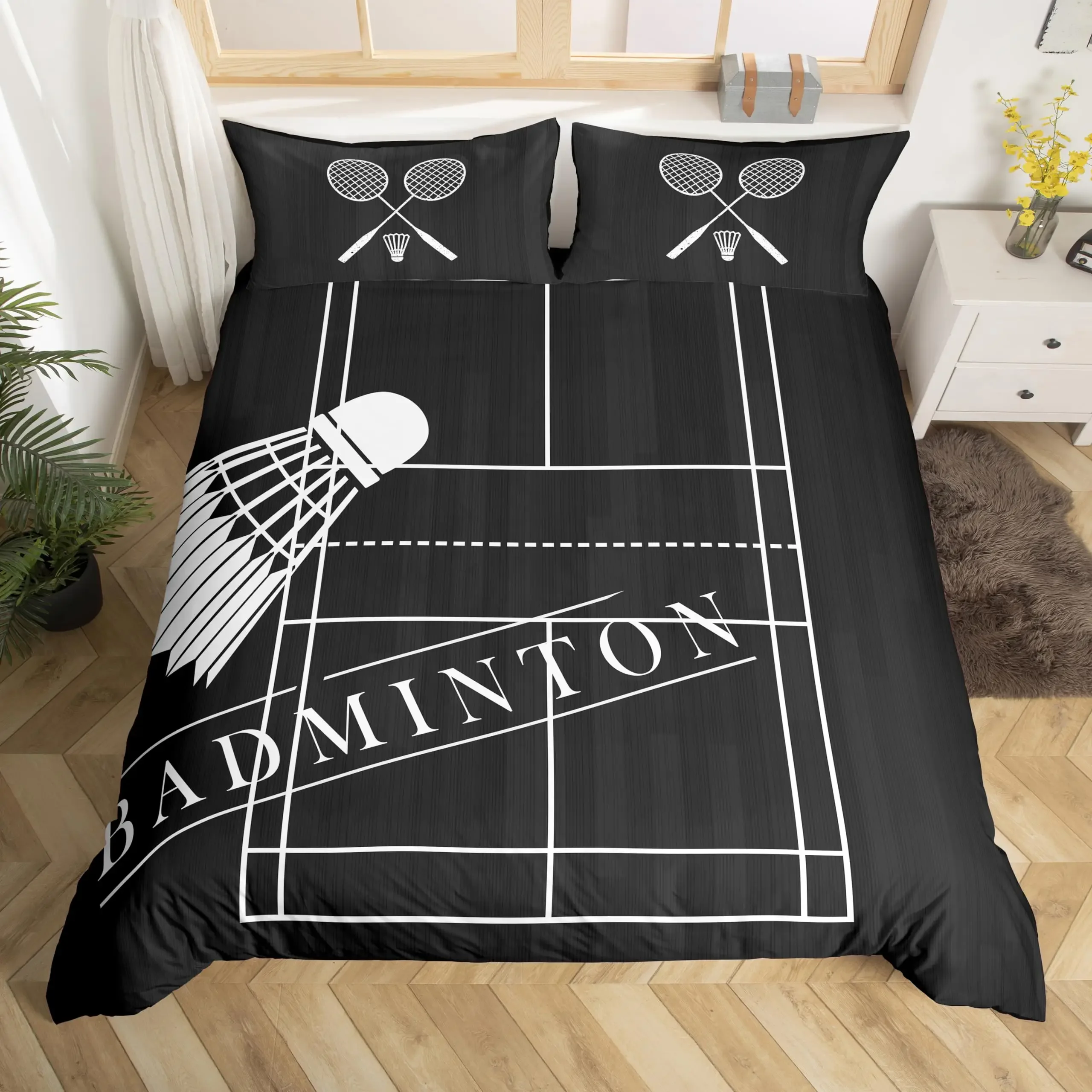 Badminton Duvet Cover Set Kids Badminton Sports Bedding Set Boys Girls Room Decor Ball Games Pattern Black Comforter Cover Sets