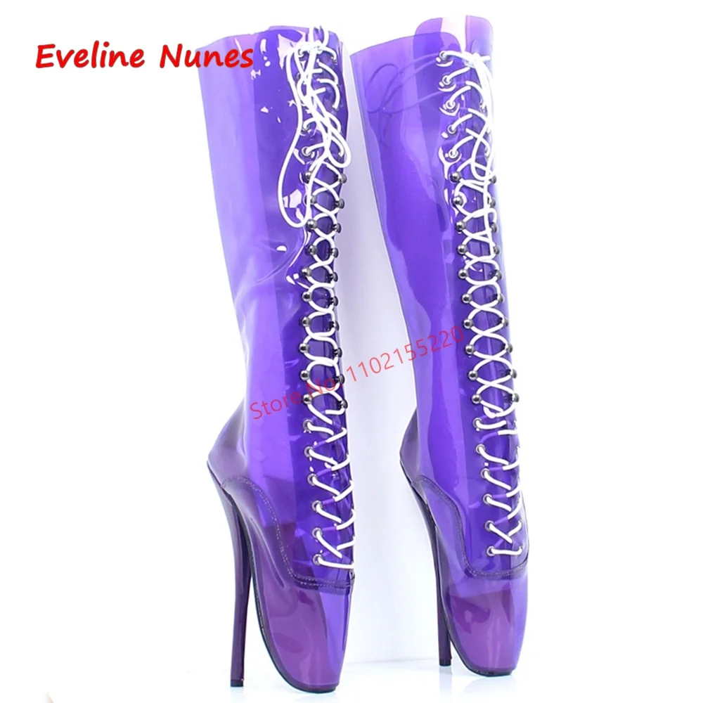 

Purple Ballerina Sexy Knee Boots New Arrival Women's Solid Round Toe Super Thin High Heel 18CM Fashion Transparent Shoes