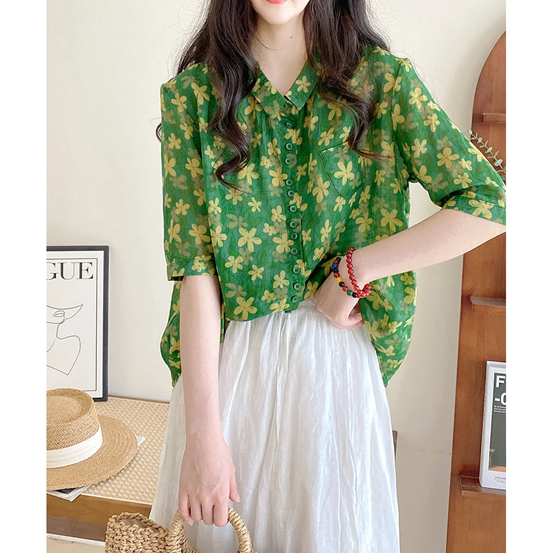 Vintage Printed Lapel Button Loose Floral Shirts Women's Clothing 2024 Summer New Oversized All-match Tops Office Lady Blouses
