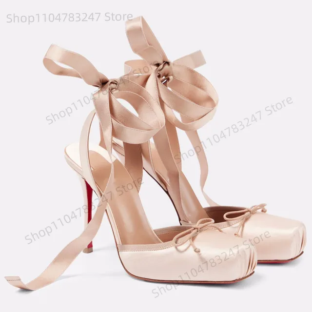 Lace Up Ballet Shoes Girl Pink Square Toe Bow Tie Stiletto Heel Ankle Strap Slingback Elegant Summer Sexy Pumps 2