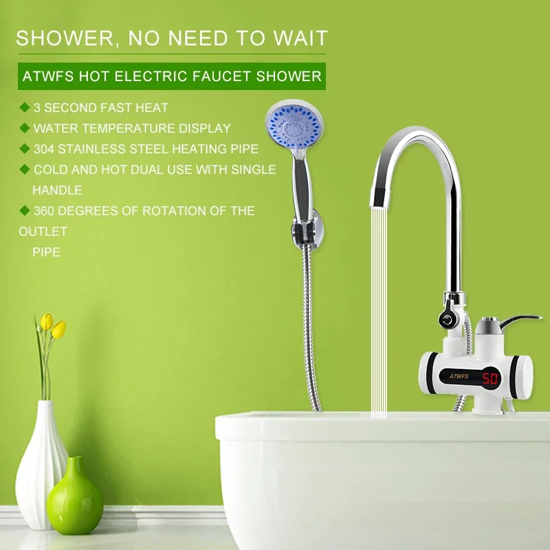 3000W Tankless Water Heater Faucet Shower Instant Tap Heating Hot Water Kitchen and Bathroom