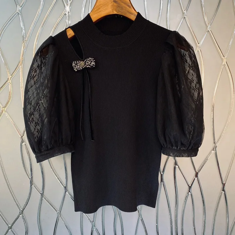 

2022 Autumn Fashion Sweaters & Pullovers High Quality Ladies Lace Patchwork Beading Deco Short Sleeve Black Casual Jumpers Tops