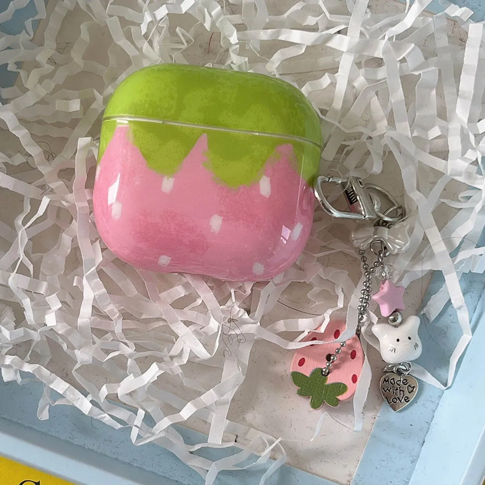 Chic Pink Strawberry Polka Dot Shockproof AirPods Case with Charm Pendant