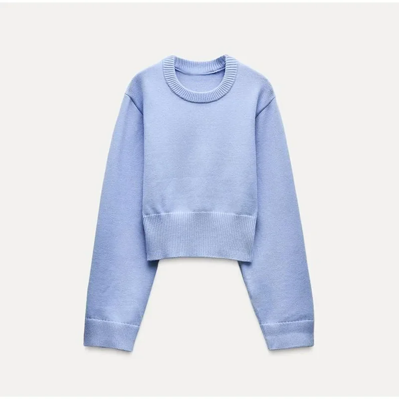 Vintage Solid O-Neck Cropped Sweater Pullover For Women Casual Long Sleeved Loose Jumper Female 2025 Spring Lady High Streetwear