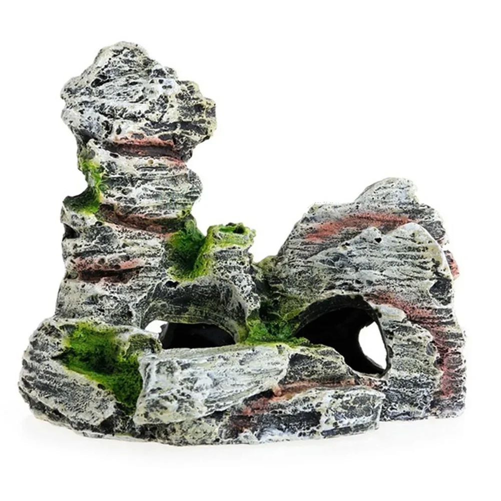 Fish Tank Ornaments Artificial Moss Hiding Cave Mountain View Underwater Fish Tank Landscaping Craft Living Room Resin Rockery