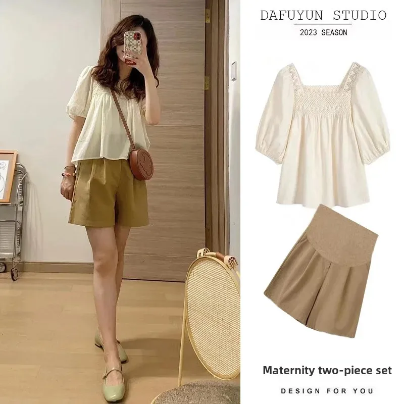 Maternity Clothes Summer Outfit New Doll Top And Shorts 2-Piece Set For Pregnant Women Fashionable and Comfortable