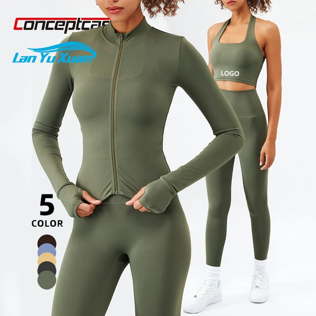 Hot Sale Nude Yoga Fitness Workout Outfits Set Slim Long Sleeve Crop Top  High Waist Gym Activewear Leggings 3 Piece Set Women - AliExpress