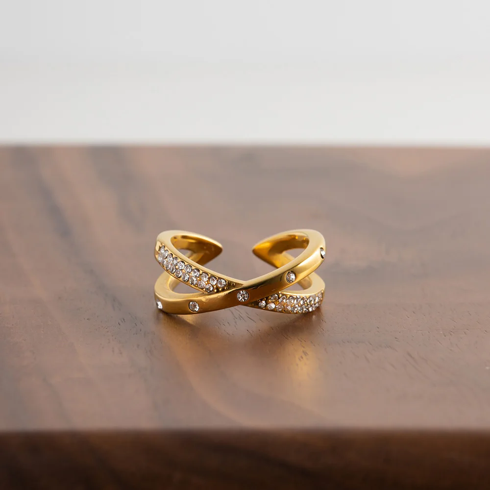 

ZJ Stainless Steel Hollow Double Layers Crossing Cubic Zirconia Chic Rings for Women Fashion Non-tarnished Minimalist CZ Jewelry