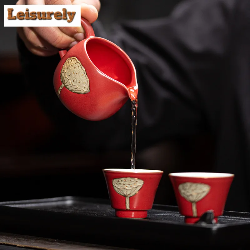 115ml Japanese Coarse Pottery Tea Pitcher Zen Relief Lotus Handheld  Serving Cup Cha Hai Household Justice Cup Cafes Accessories