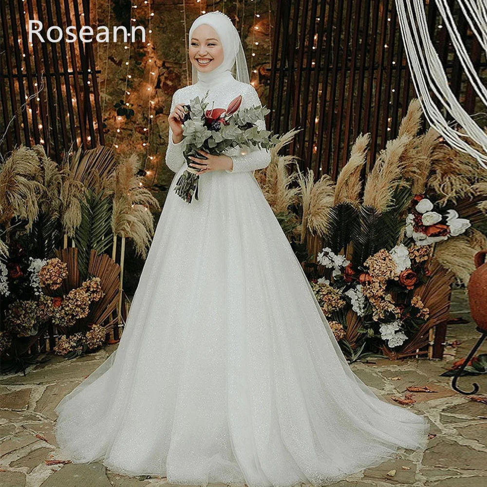 

Мусульманские изысканные свадебные платья-трапеции с высоким воротником, драпированные блестками, плиссированные атласные платья для невесты, Длинные свадебные платья в пол