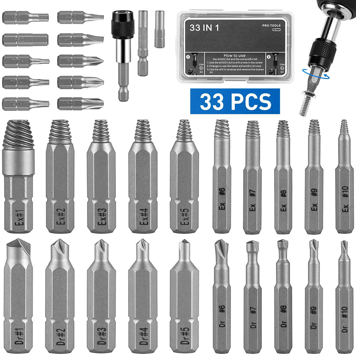 33 PCS Damaged Screw Extractor Kit with Sleeve Extension Drill Bit for Universal Guillotine Bolt Removal Screw Removal Tool