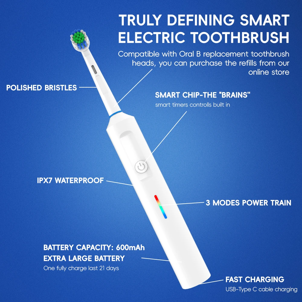Smart Electric Toothbrush with 6 Heads - 3 Modes & 2 Min Timer, Protable Electric Toothbrushes Compatible with Oral B Brush Head