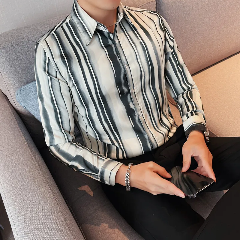 Spring and Autumn New Long Sleeve Irregular Stripe Drop Smooth Shirt Men's Clothing Simple Fit Luxury Business Dress Shirt 4XL-S
