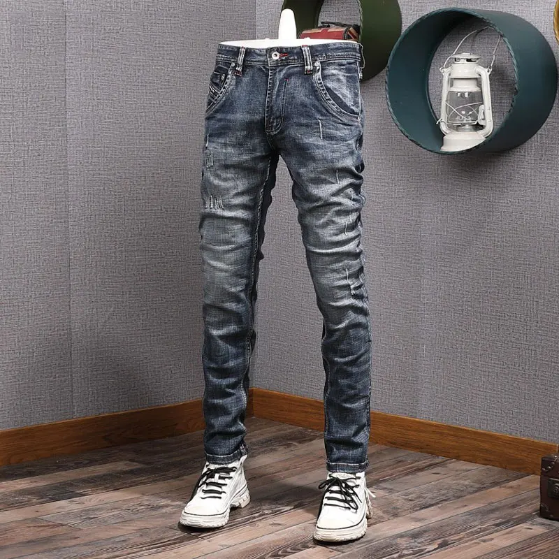 

Italian Style Fashion Men Jeans High Quality Retro Black Blue Elastic Slim Fit Ripped Jeans Men Vintage Designer Denim Pants