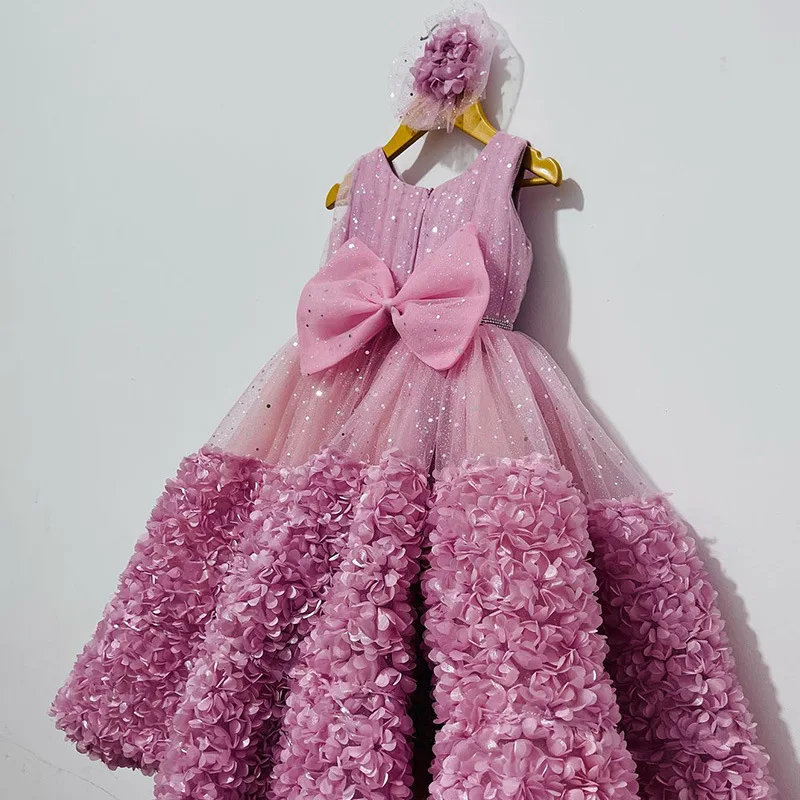 

Teenmiro Birthday Baby Dresses Elegant Luxury Dress for Kids Girl Children Flowers Sequins Pink Gowns Infants Banquet Clothes