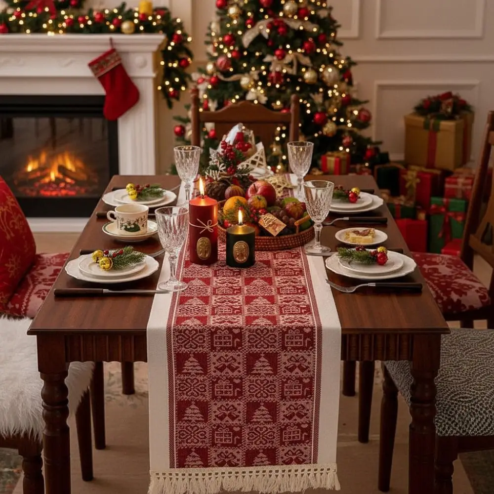 Rectangle Christmas Table Runner Red Christmas Tree Printed Table Cover Thickened with Tassels Elks Tablecloth Coffee Table