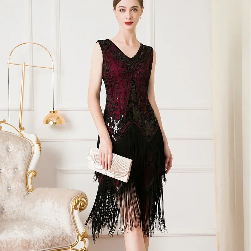Women 1920s Sleeveless V-Neck Double Layer Tassel Dress Gatsby Cocktail  Prom Vintage Sequin Beads Dress Party Dance Dress - AliExpress 200000532