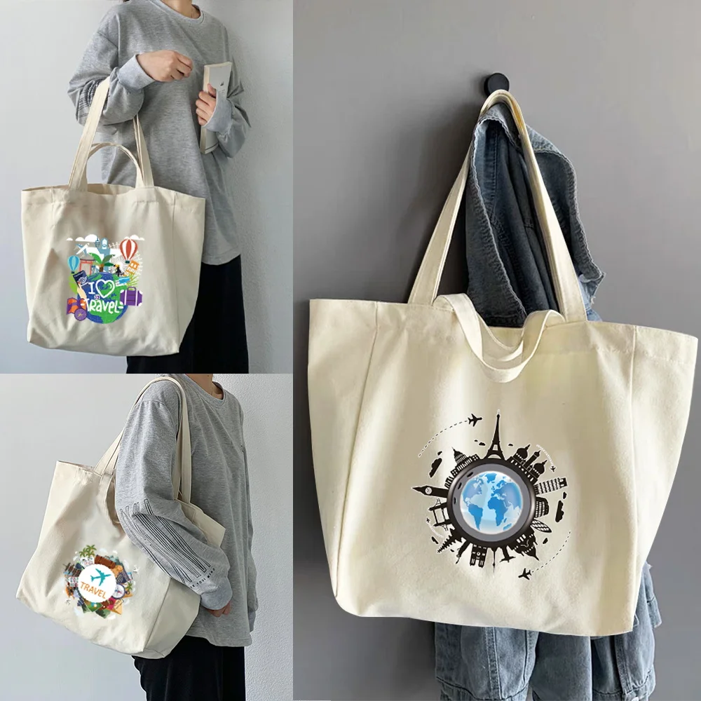 

Shoppers Handbags Large Capacity Trend Canvas Tote Bags Shopping Bags Foldable Travel Global Series Pattern Shoulder Bags