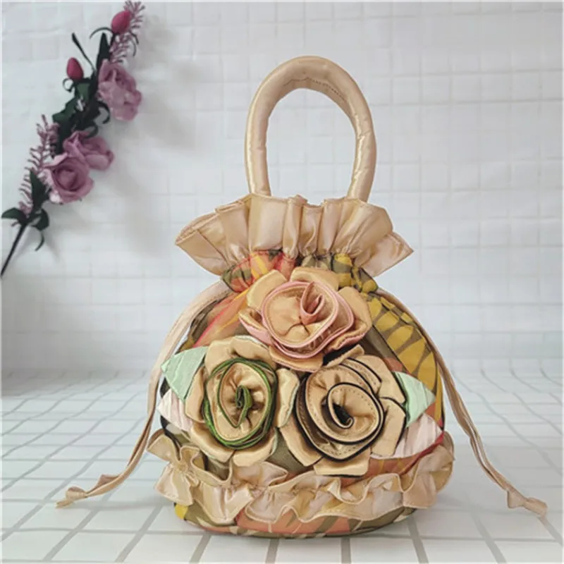2022 Lace Flower Ethnic Style Drawstring Women\'s Handbag Hanfu Embroidered Cartoon Bag