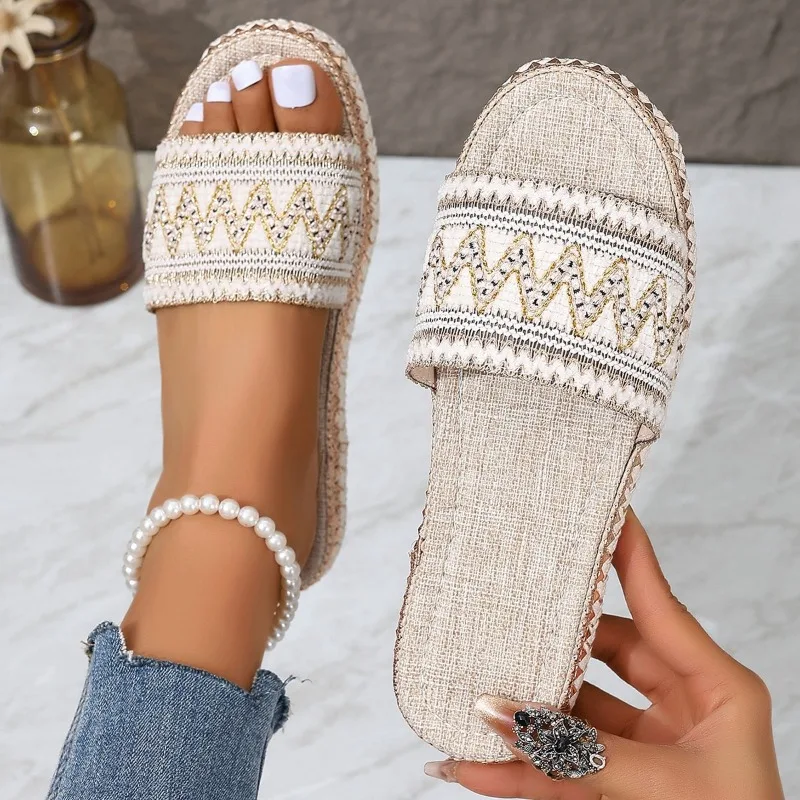 

Women Slippers 2024 New Simple Casual Beach Slippers Fashion Cane Weave Open Toe Flat Flip Flops Summer Outwear Ladies Sandals