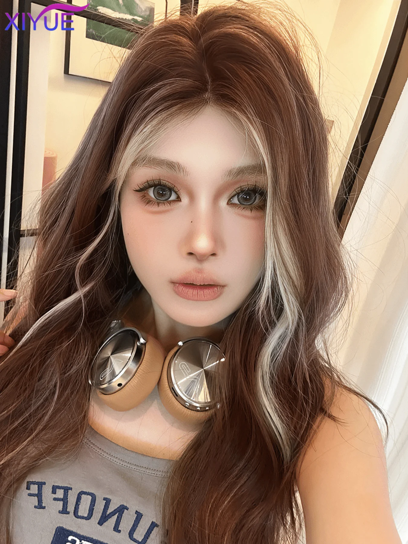 Brown Blonde Long Wavy Synthetic Wigs Middle Part Natural Wig Heat Resistant Cosplay Party Daily Hair Wig for Women