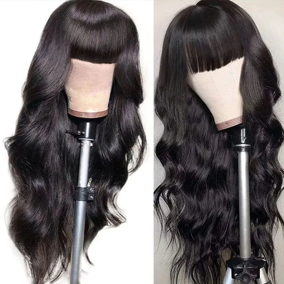 페루산 인모 앞머리 있는 30인치 바디 웨이브 가발 여성용 내추럴 블랙 기계식 루즈 웨이브 롱 헤어 가발 세일