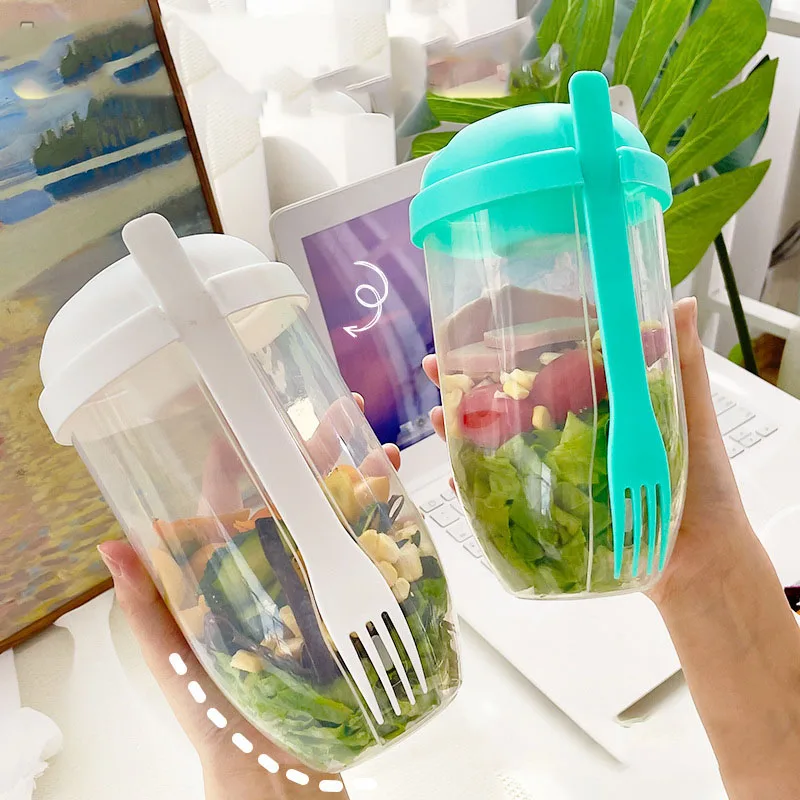 1pc White/Green Portable Bottle Salad Container Bottle-Shaped Bento Salad Bowl For Lunch Box With Fork Bowl