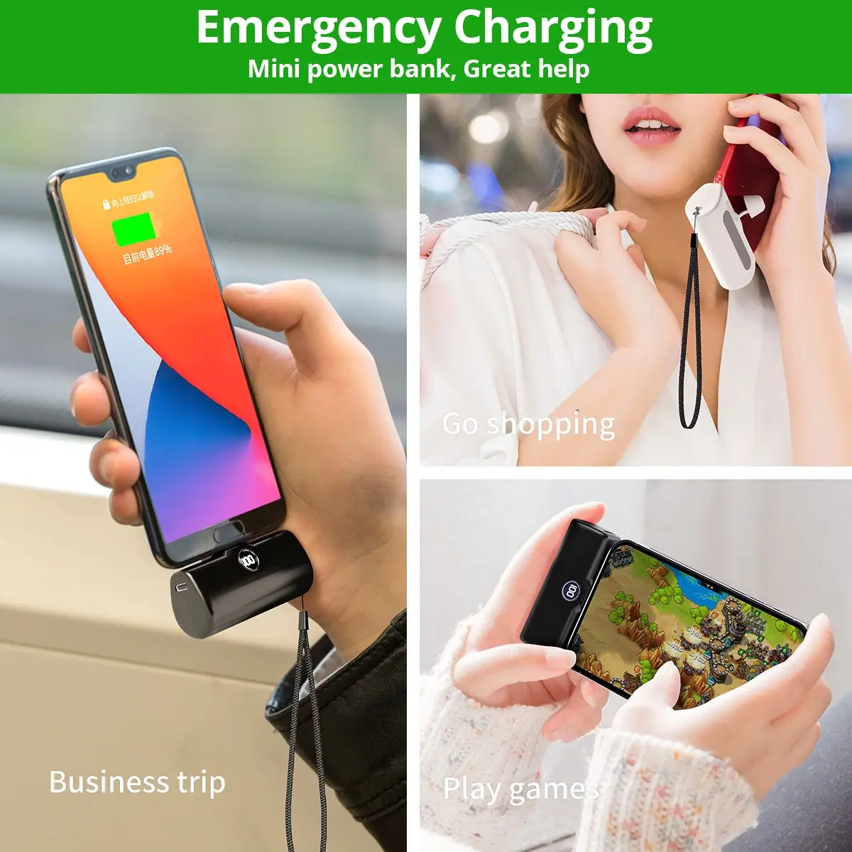 Portable Charger Fast Charge Type C External Battery for iPhone Samsung Xiaomi Built-in Cable Quick Charge Pocket Power Bank 3
