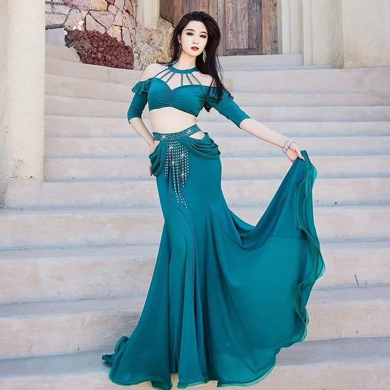Women Belly Dance Oriental Style Women Group Costume Girls Training Outfit Shimmy Fringes Halter Top Buds Fishtail Long Skirts