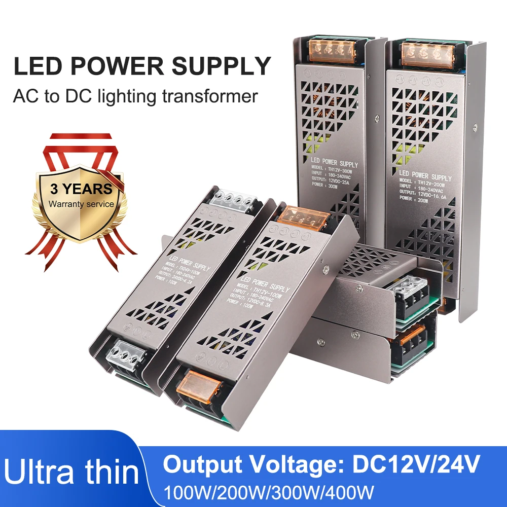 

DC12V/24V LED Driver Power Supply 100W 200W 300W 400W Transformer SuperThin AC DC Converter for LED Strip/LED Bulb Lighting