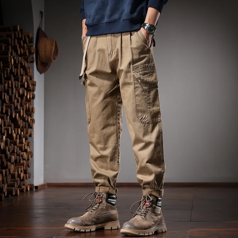 Autumn Cotton Khaki Baggy Cargo Pants Men Streetwear Casual Elastic Waist Belt Loose Straight Leg Trousers