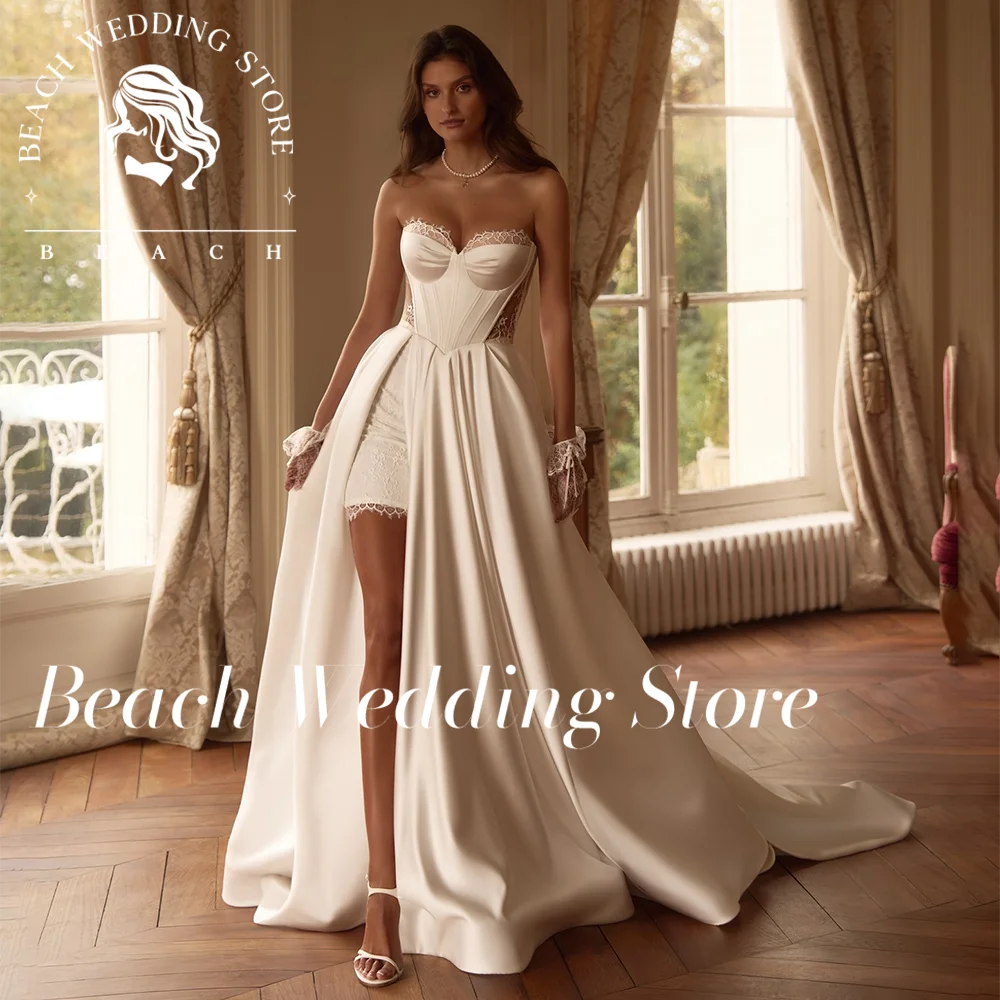 Beach Strapless Sweetheart Neckline Satin Corset Bodice Bridal Dress with High Slit Elegant Floor Length Wedding Gown Customized 3