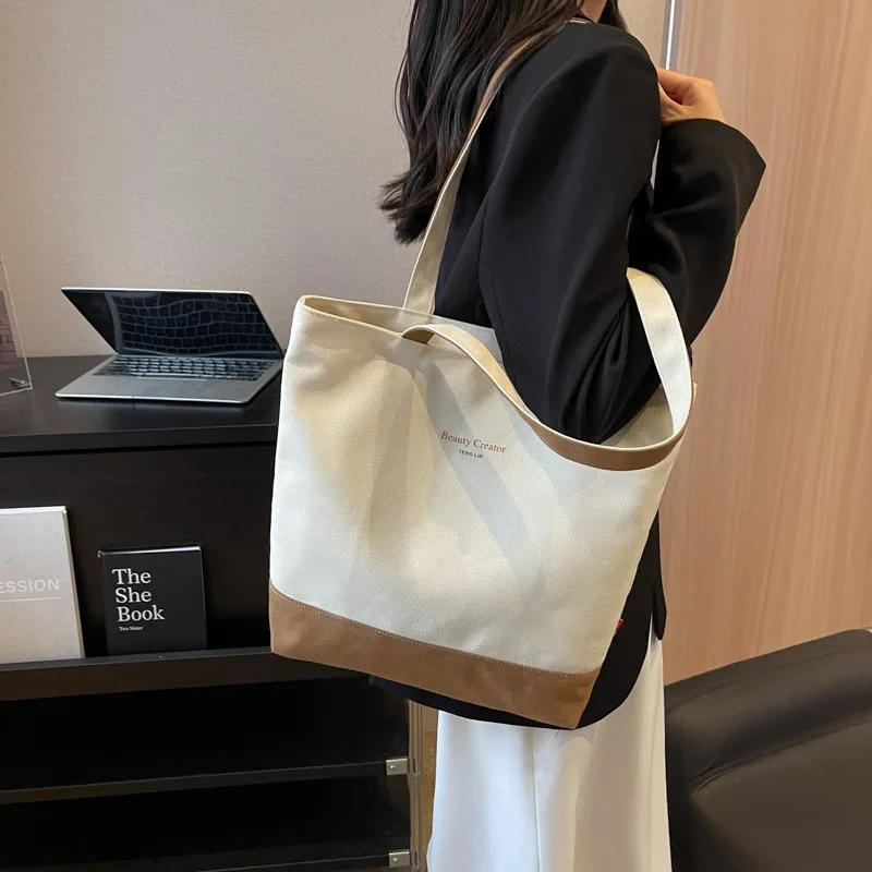 Shoulder Bag Canvas Solid Color Tote Casual Student Daily Commute Large Capacity Storage Bag 2023 NEW Hangbag Trend All-match