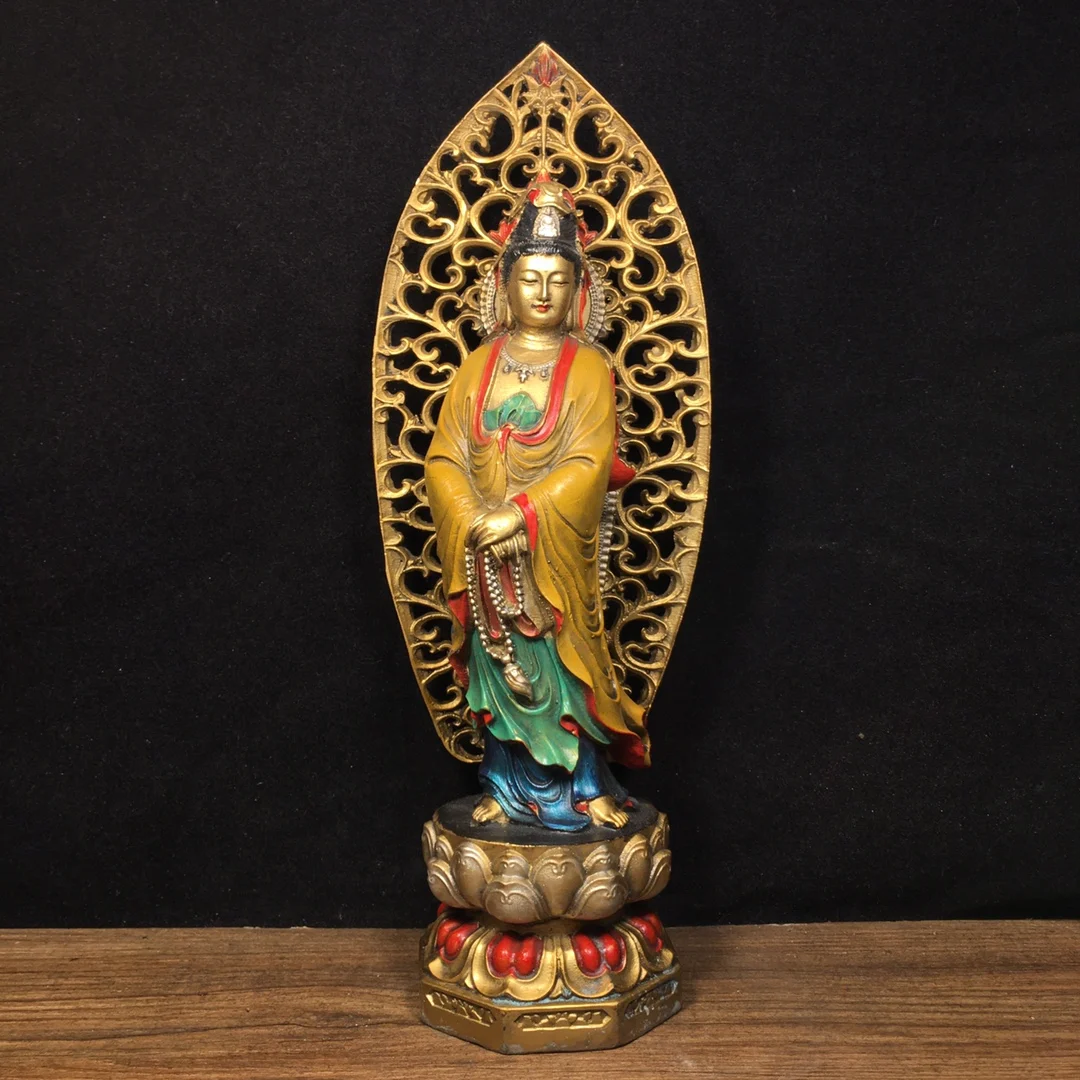 

11"Tibetan Temple Collection Old Bronze Painted Backlight Guanyin Bodhisattva Standing Buddha Worship Hall Town house Exorcism