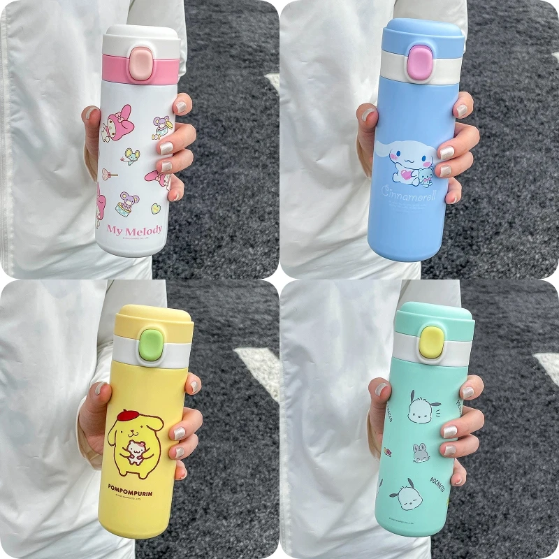 

390Ml Kawaii Hello Kitty Sanrio Water Cup My Melody Cinnamoroll Anime Figure Thermos Cup Car Steel Hand Cup Portable Simple Gift