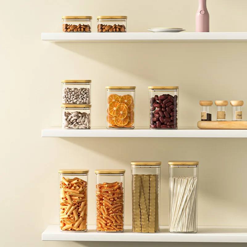 1100ML Square Sealed Plastic Food Jar Bamboo Cover Kitchen Cereal Jar Storage Box Transparent Tea Storage Jar Kitchen Supplies 2